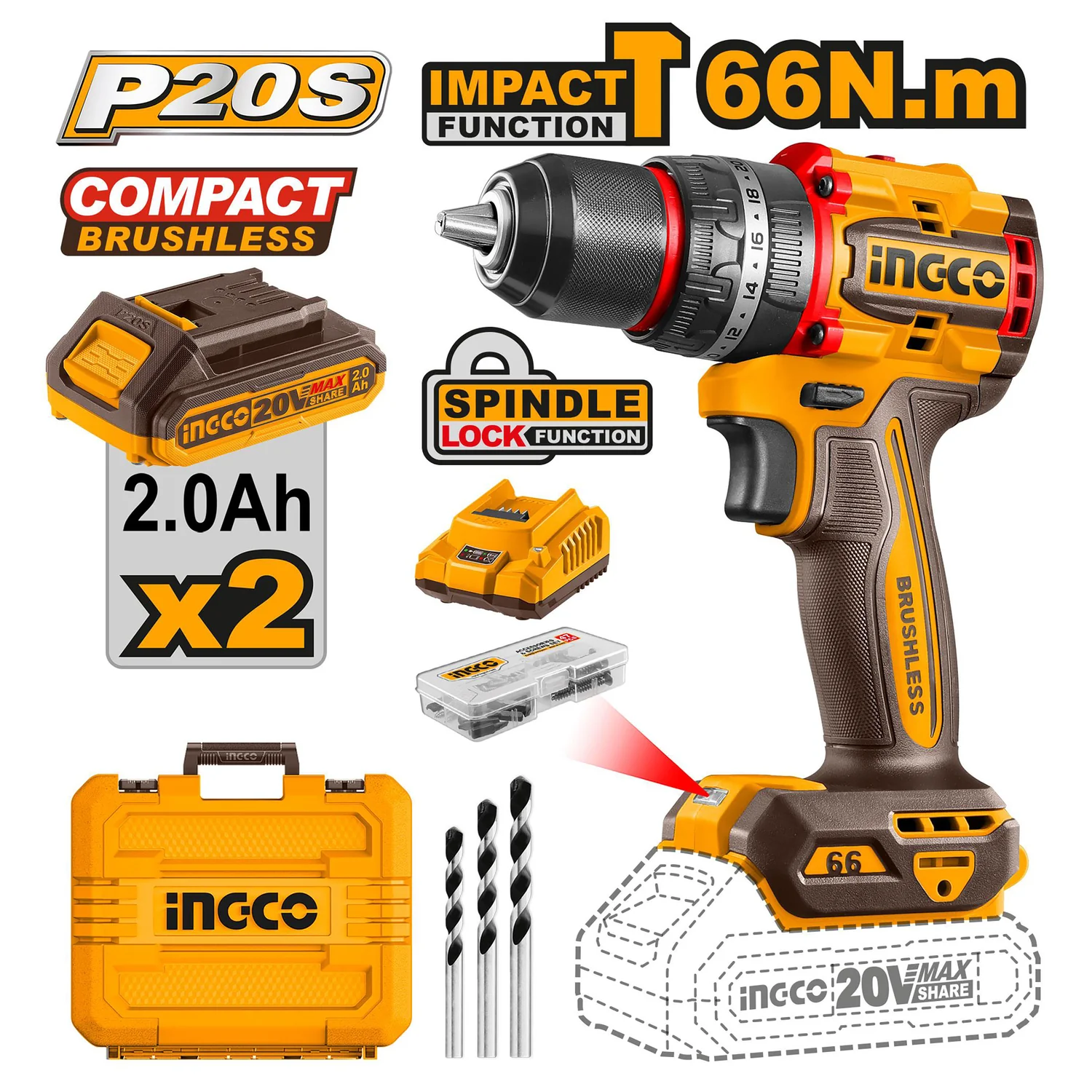 INGCO P20S Brushless Cordless Impact Drill Kit