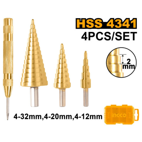 Ingco 3PCS/Set HSS 4341 Material Step Drill Bit with 1PC Automatic Center Punch AKSDS2041