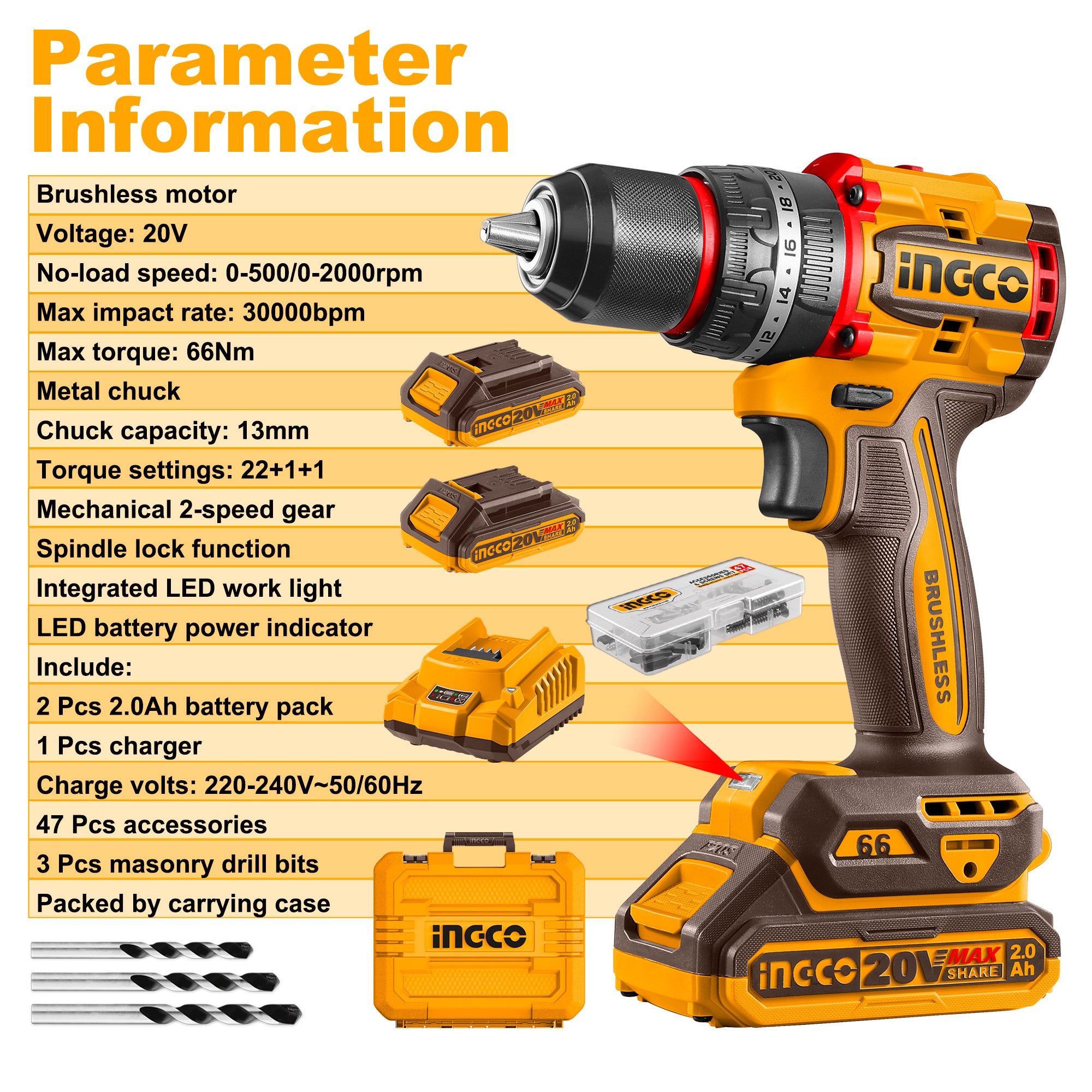 P20S/20V Lithium-Ion Brushless Compact Cordless Drill 66NM CDLI20668/CDLI206681 ING-CT - Image 2