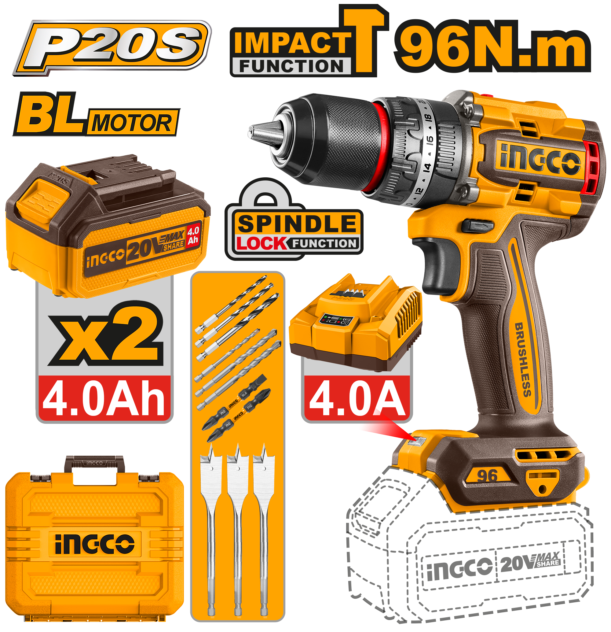 P20S/20V Lithium-Ion 96NM Cordless Brushless Motor Impact Drill CIDLI20968/CIDLI209681 ING-CT - Image 4