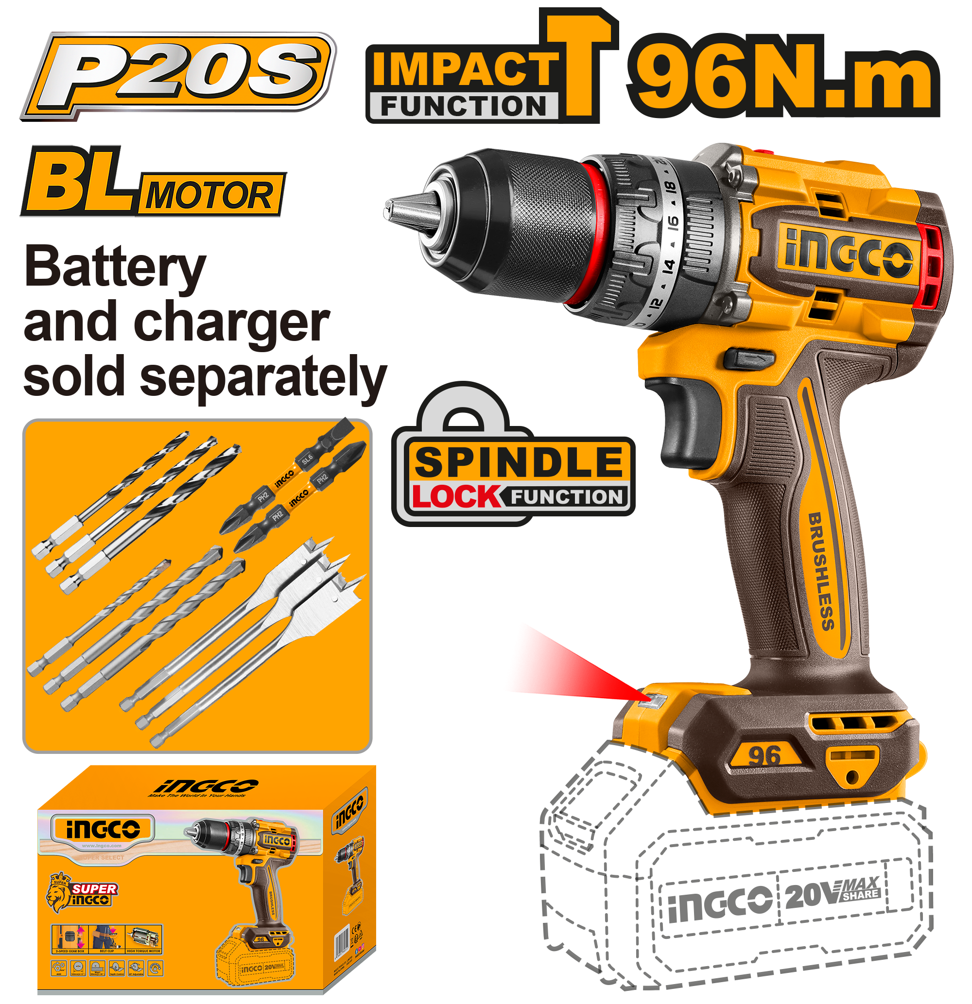 P20S/20V Lithium-Ion 96NM Cordless Brushless Motor Impact Drill CIDLI20968/CIDLI209681 ING-CT - Image 2