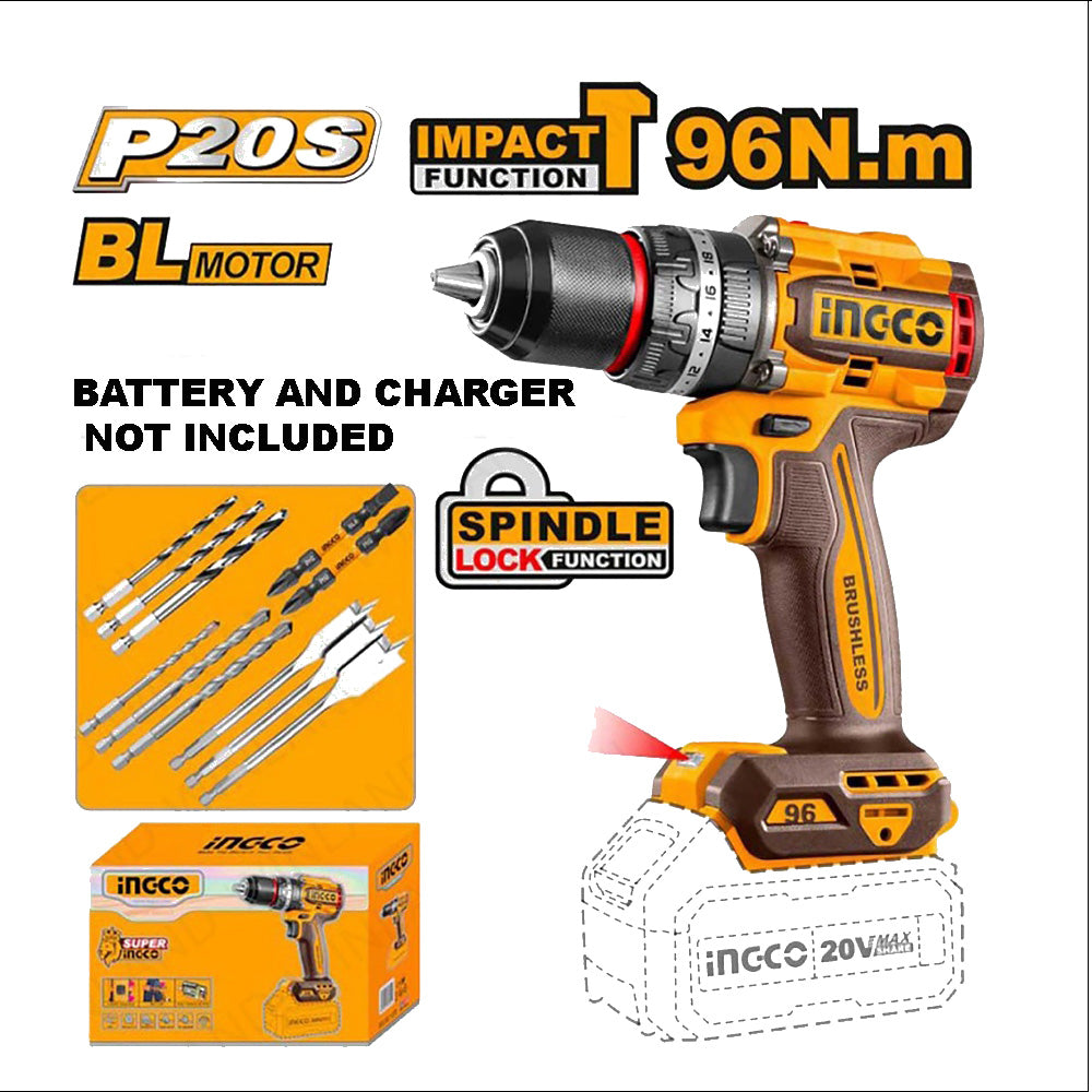 P20S/20V Lithium-Ion 96NM Cordless Brushless Motor Impact Drill CIDLI20968/CIDLI209681 ING-CT - Image 3