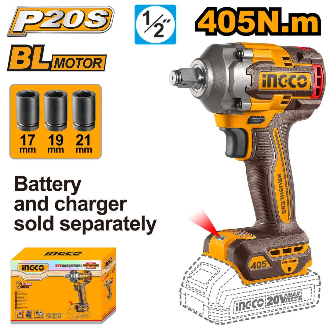 Ingco P20S 20V Brushless Cordless Impact Wrench 405Nm Lithium-Ion-CIWLI20451 ING-CT
