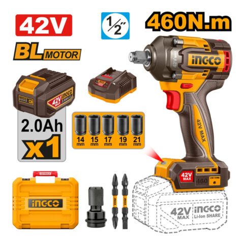 Ingco 42V/460NM(1/2inches) Brushless Motor Lithium-Ion Cordless Impact Wrench CIWLI42461