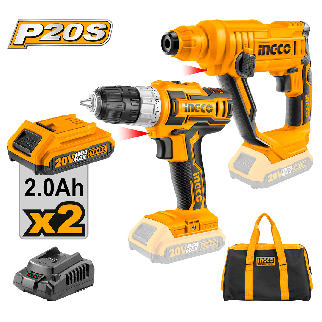P20S 20V Cordless Lithium-Ion 2 Pcs Combo Kit Cordless Drill + Rotary Hammer CKLI2008 ING-COR