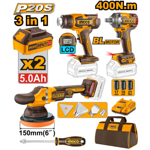 P20S/20V 3PCS Combo Kit with Lithium-Ion Cordless Impact Wrench COSLI240863 ING-COR