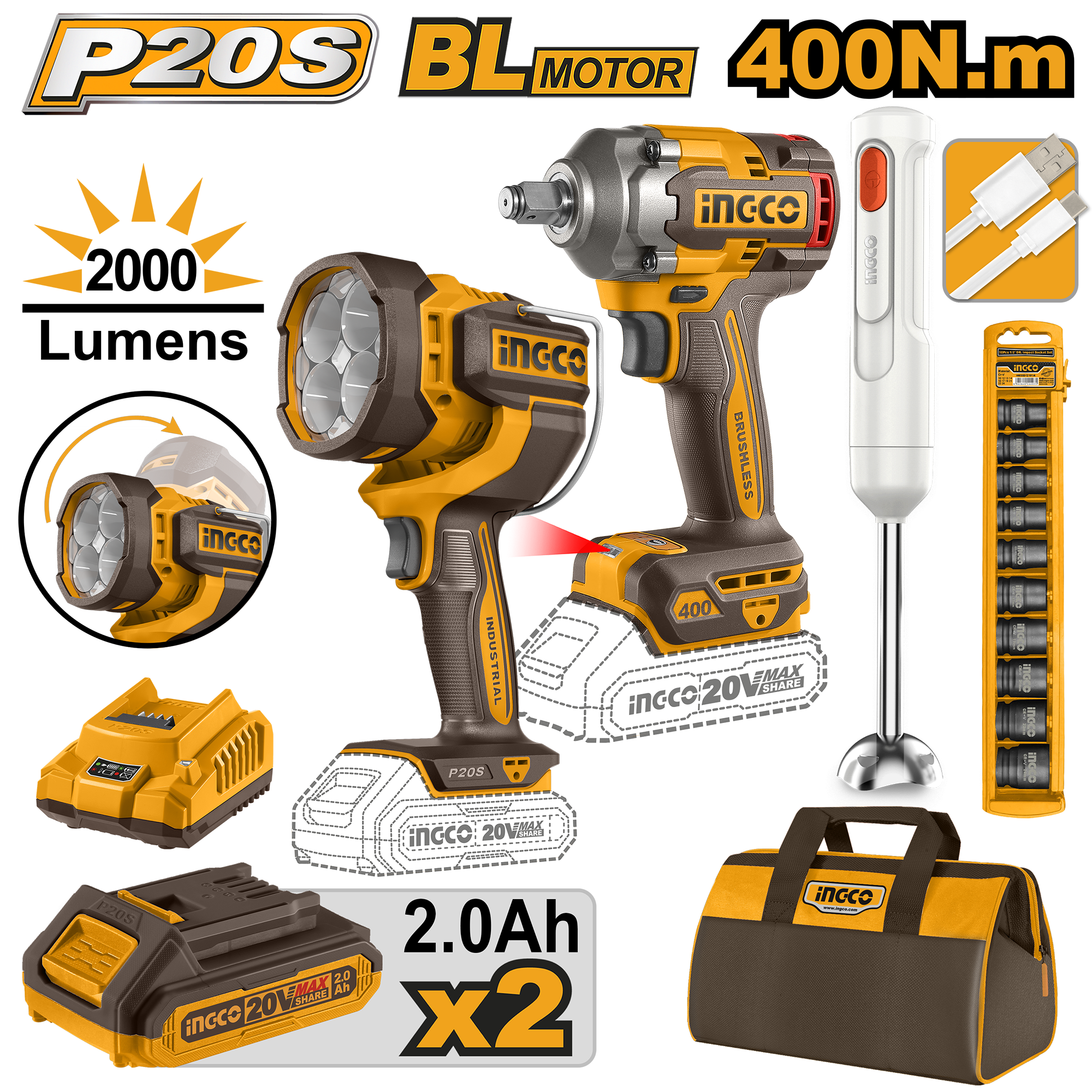 P20S/20V 4PCS Combo Kit with Lithium-Ion Cordless Impact Wrench COSLI240961 ING-COR - Image 2
