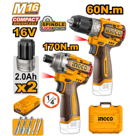 16V/M16 2PCS Combo Kit with Lithium-Ion Cordless Compact Drill COSLI240968 ING-COR