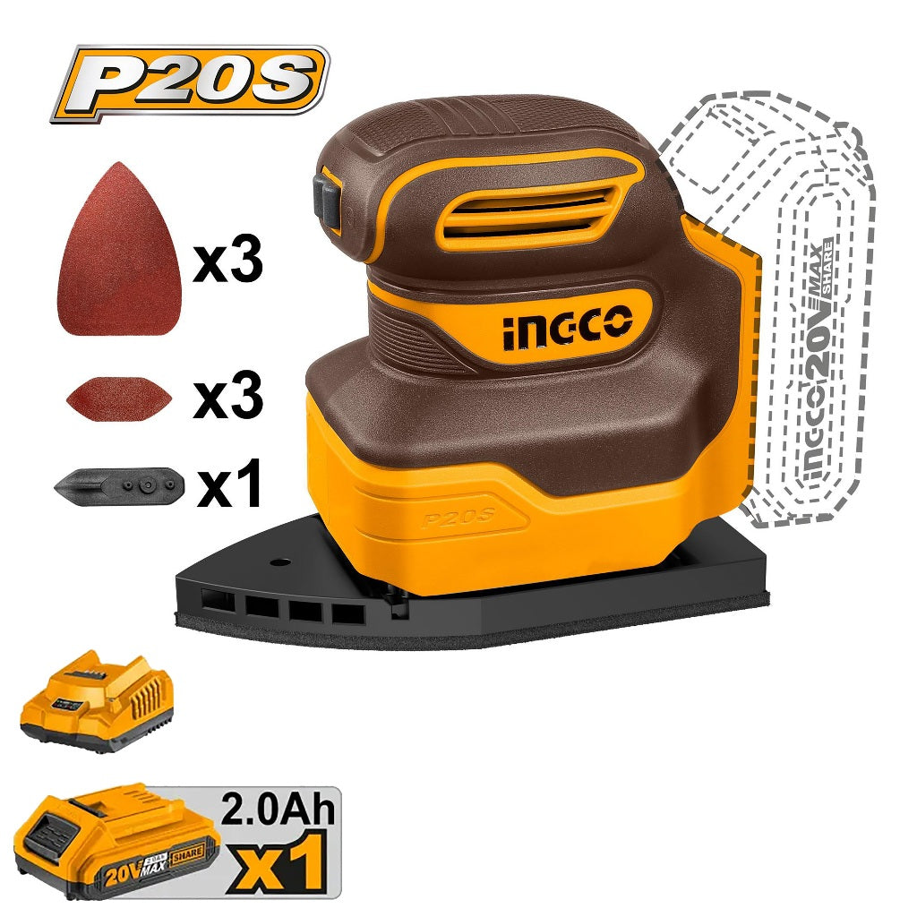 INGCO 20V Cordless Palm Sander Lithium-Ion Brushless Detail Sander for Wood Metal Surface Finishing - Image 3