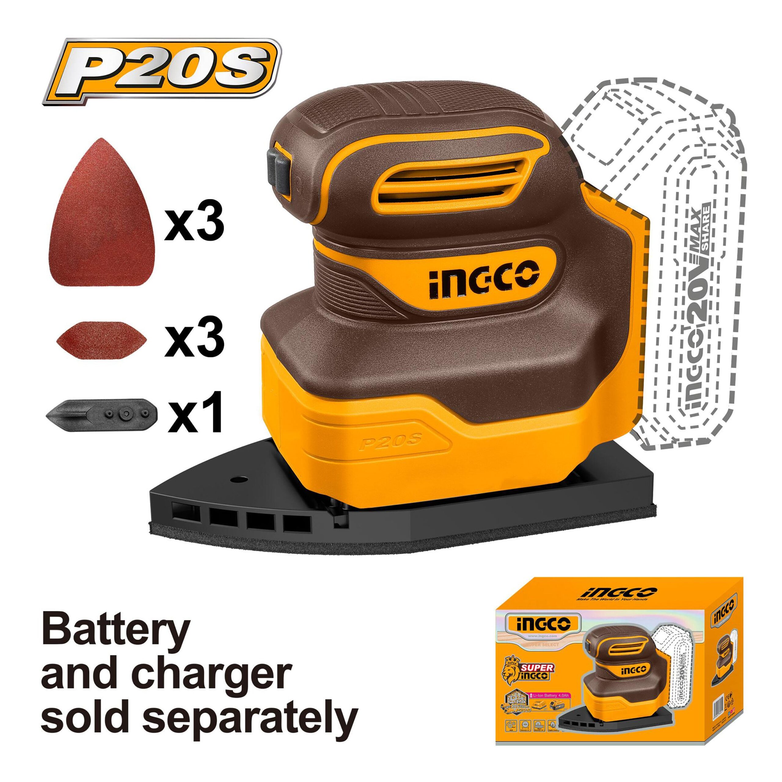 INGCO 20V Cordless Palm Sander Lithium-Ion Brushless Detail Sander for Wood Metal Surface Finishing - Image 2