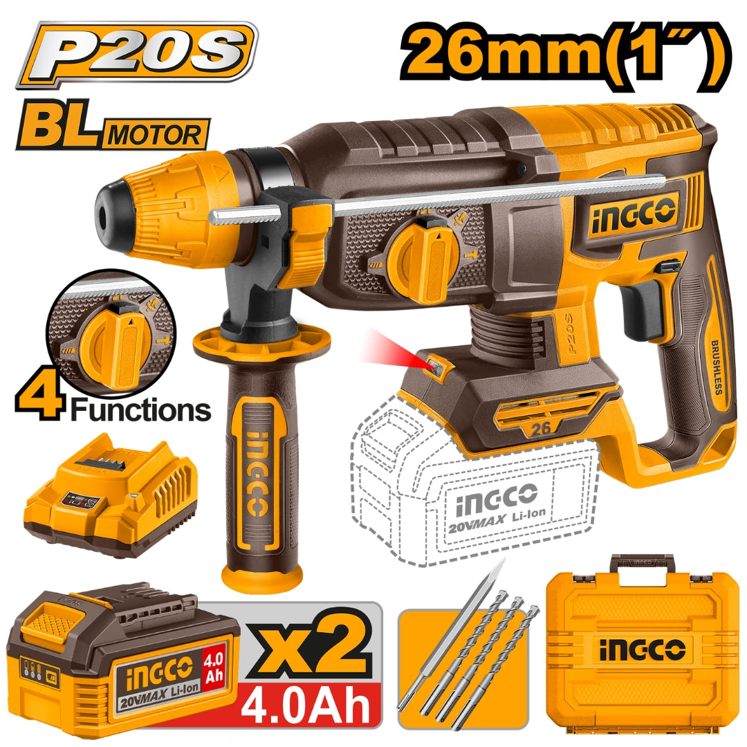 Ingco P20S 20V Cordless Rotary Hammer 26mm Lithium-Ion - CRHLI202682 ING-HT