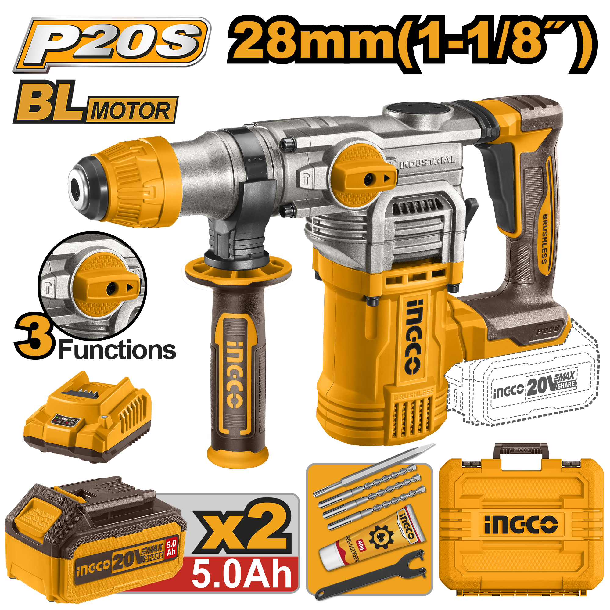P20S/20V Brushless Motor Lithium-Ion Cordless Rotary Hammer CRHLI20288|CRHLI202885 ING-COR - Image 2