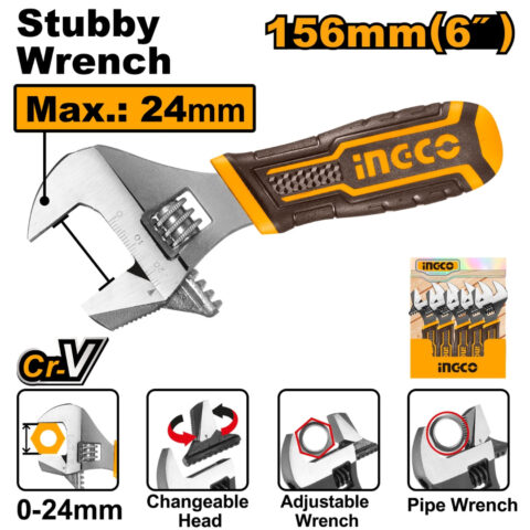 Ingco 2-In-1 Stubby Adjustable Wrench For Hand Tools HADWS088 (IHT)