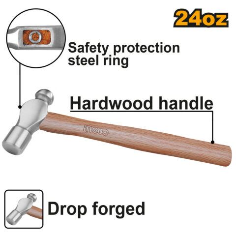 Wooden Ballpein Hammer 24oz No.45 Carbon Steel HBPH04024 ING-HT