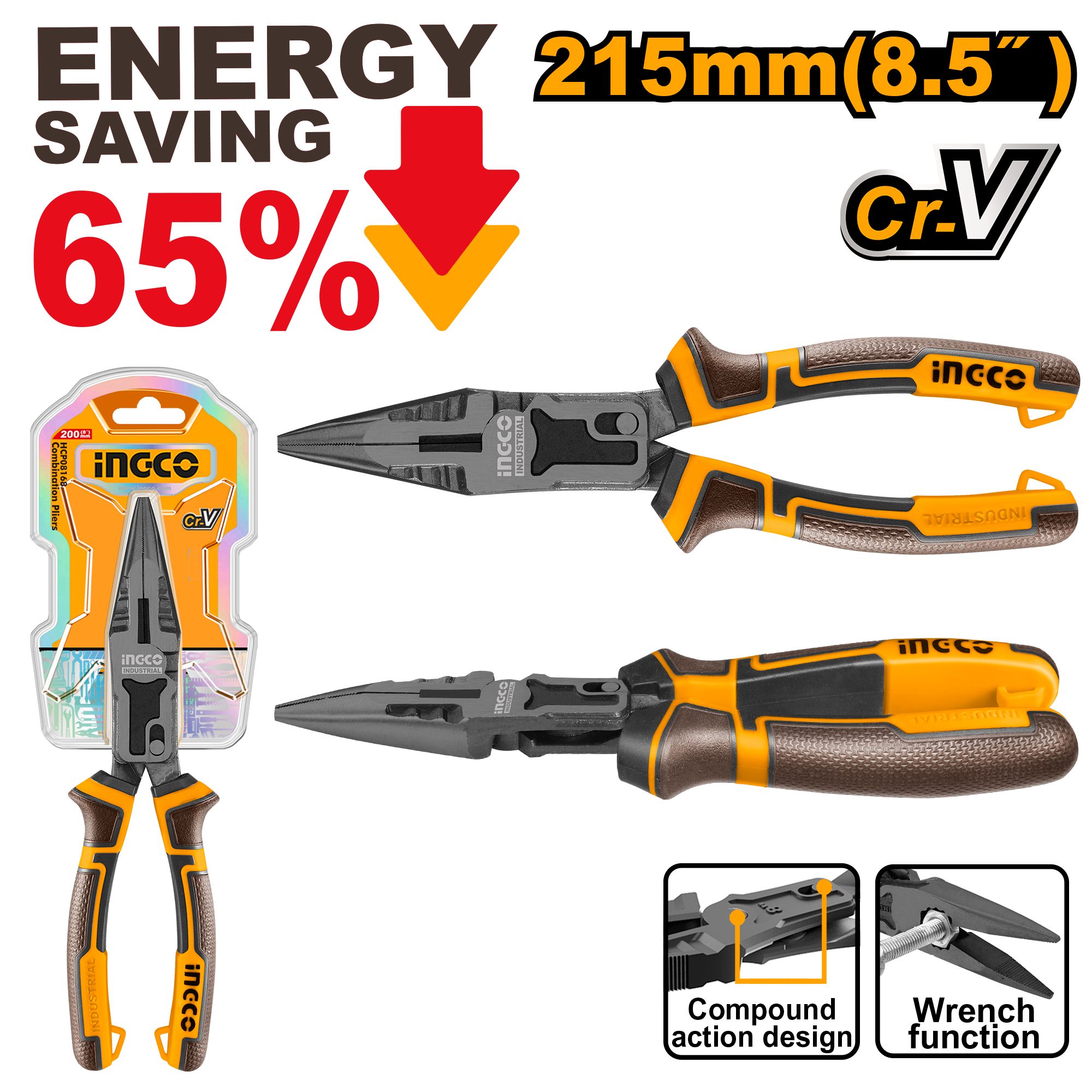 8.5inch/215mm Compound Action Long Nose Pliers HCLNP58200 ING-HT