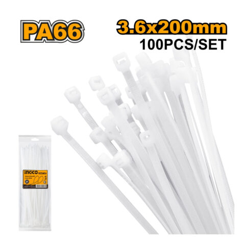 100 Pcs Cable Ties 3.6 x 200 White HCT2001 ING-CO