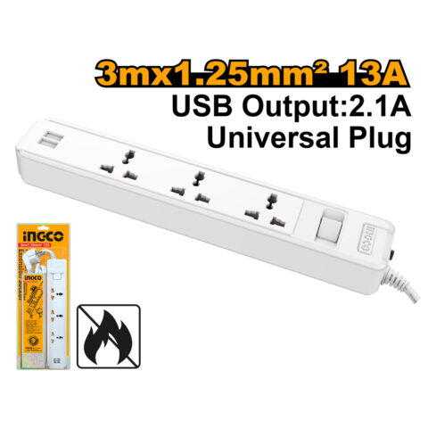3 Way Extension Cord Cable Wire Universal Socket with USB HES13041VSB ING-AC