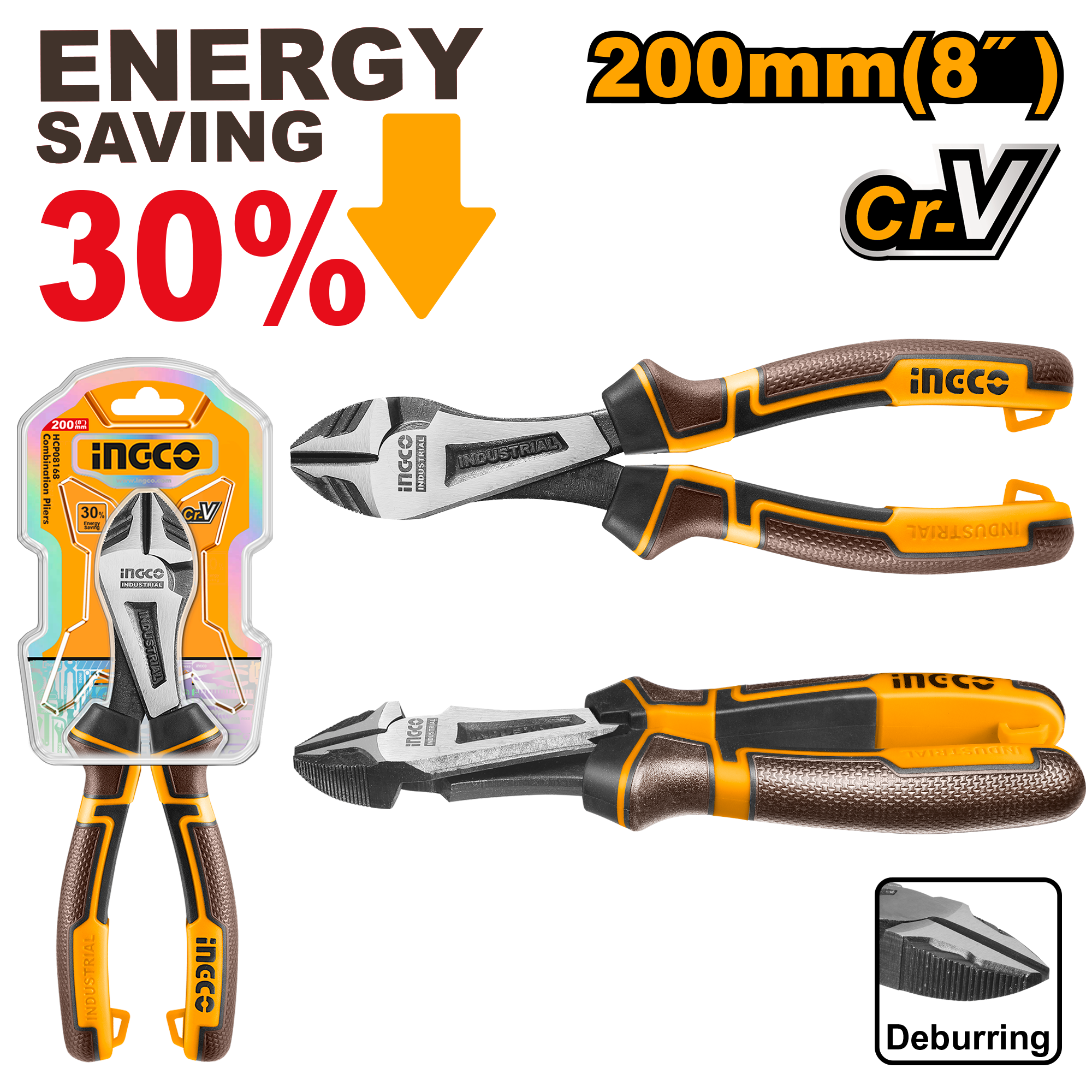 Ingco 8in/200mm CR-V Material High Leverage HeavyDuty Diagonal Cutting Pliers HHHDCP28200