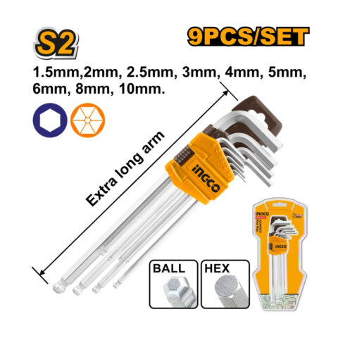 9pcs/Set Allen Hex key | Extra-Long Arm Ball Point HHK12092 ING-HT