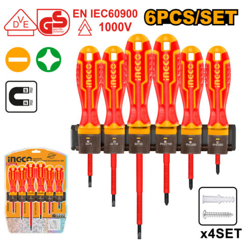 6 Pcs VDE Insulated Flat Phillips Handle Screwdrivers Set HKISD0608 ING-HT