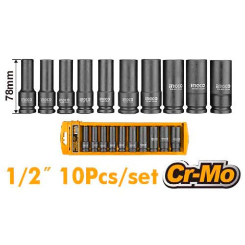 10 Pcs 1/2 Inch Drive Deep Impact Socket Set HKISSD12102L ING-AC