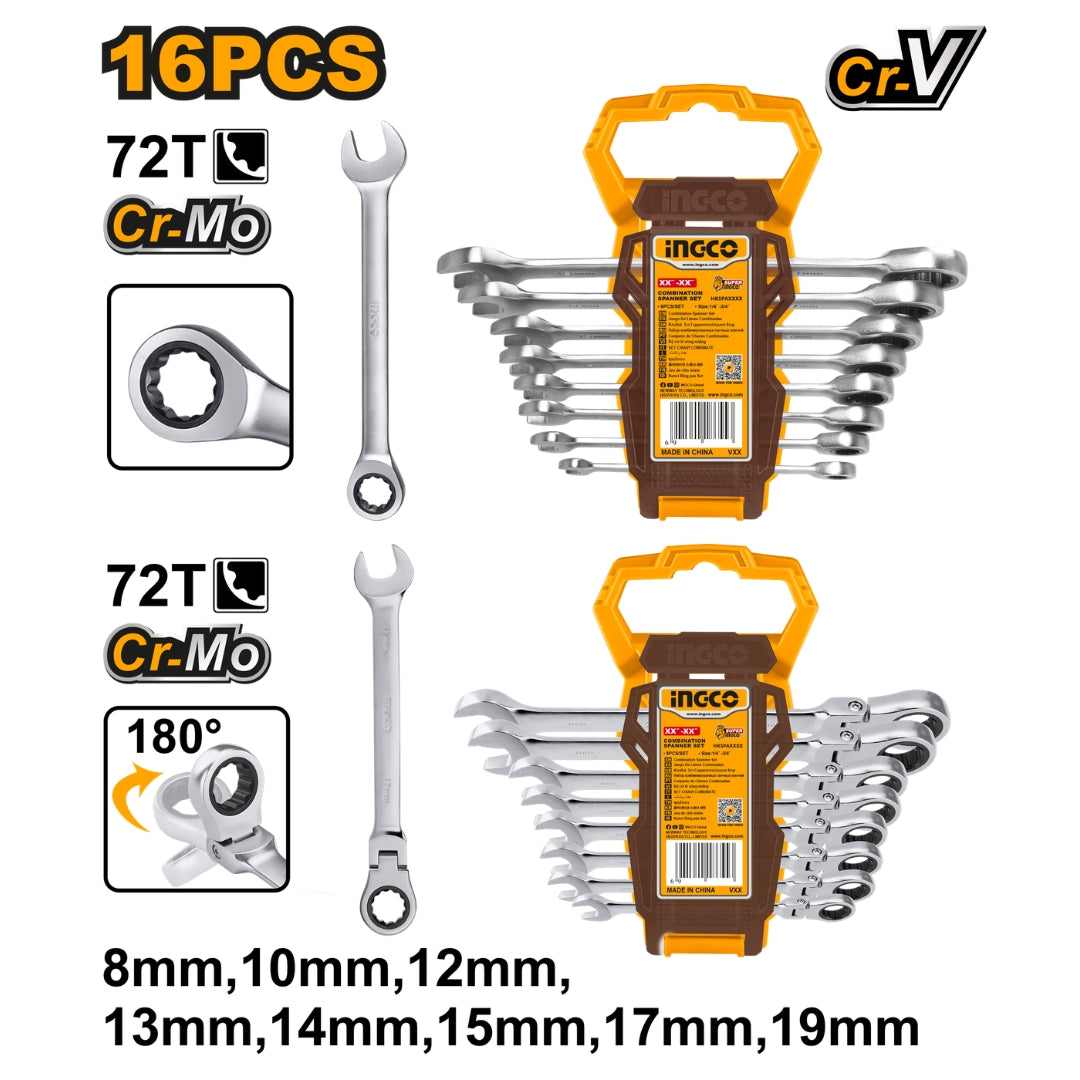 Ingco Set of 16 PCS Ring Ratchet Spanner Set HKSPAR2016 ING-HT