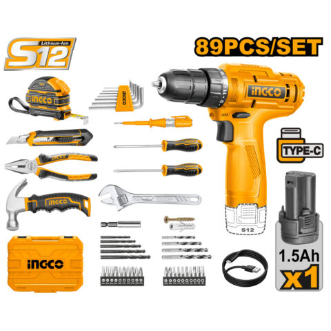 Lithium-Ion Cordless Drill Driver with 89 Pcs Household Tools Set HKTHP10891 ING-COR