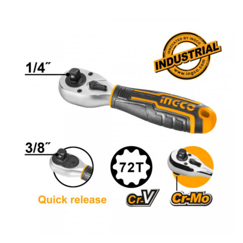 Industrial CrV 1/4" 3/8" Stubby Ratchet Handle HRTH081438 ING-HT