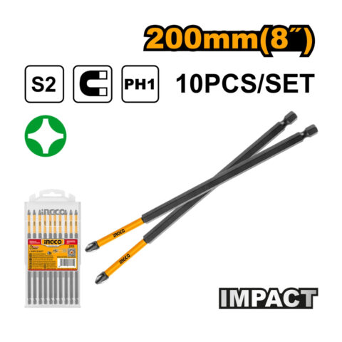 Ingco 10Pieces S2 Impact Screwdriver Bits PH1 x 200mm / PH1 x 250mm / T25 x 250mm ING-HT