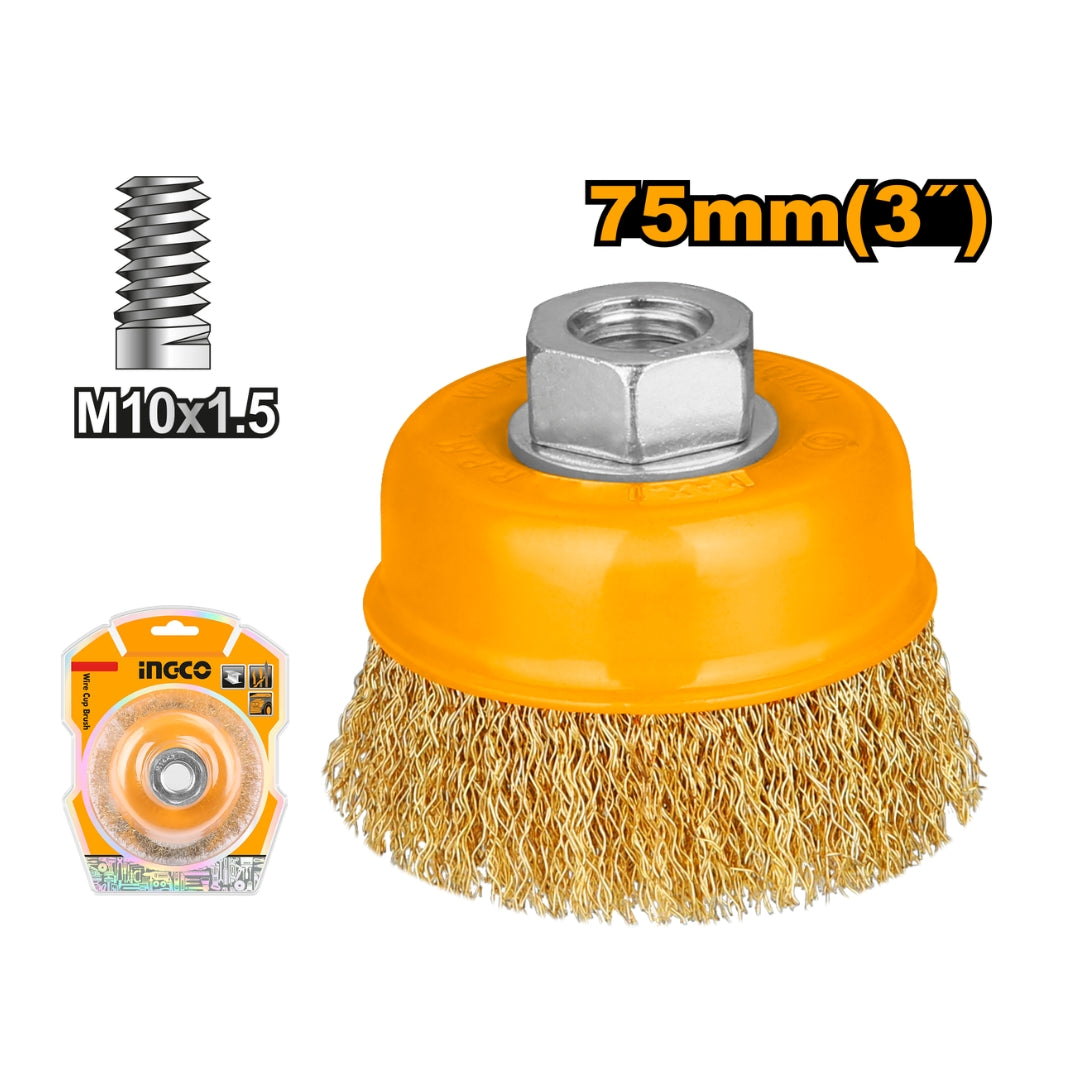 IngcoCup Brush Twisted Wire with Nut for Angle Grinder 75mm M10 X 1.5 WB10752 ING-HT