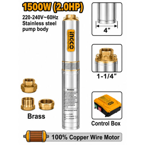 Ingco 4" Deep Well Pump 1500W (2.0HP) Stainless Steel Submersible Water Pump DWP150062-5
