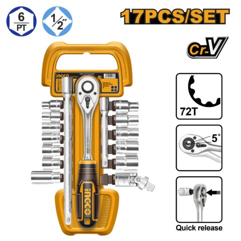 Ingco 17PCS/Set DR. 1/2inches CR-V Socket Wrench Ratchet Spanner Set HKTS12171 ING-AC