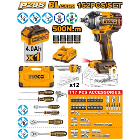P20S/20V 152PCS Tool Set with Lithium-Ion Cordless Impact Wrench HKTHP31521 ING-COR