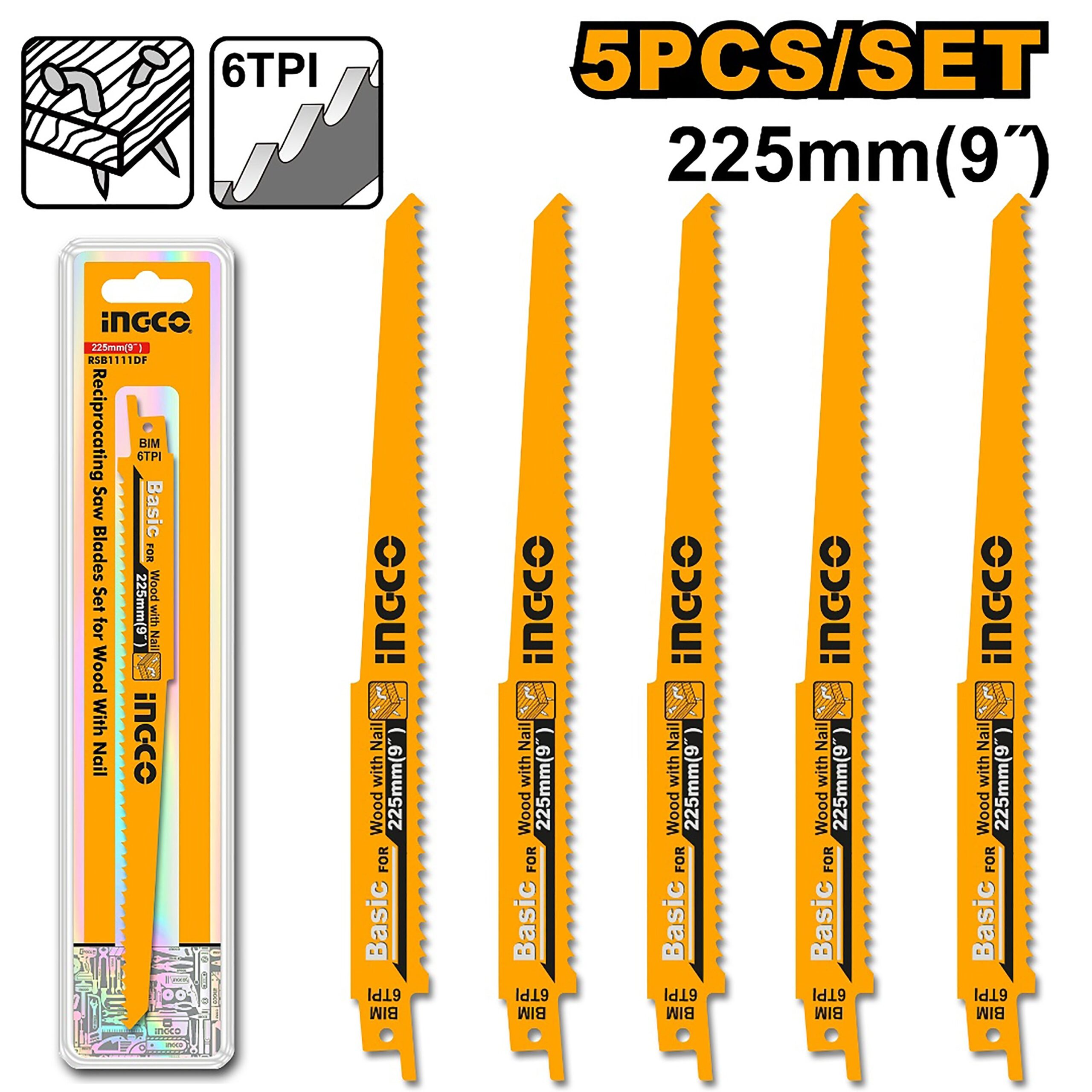 5PCS/Set 225mm(9in) Reciprocating Saw Blades Set for Wood w/ Nail RSB1111DF ING-AC