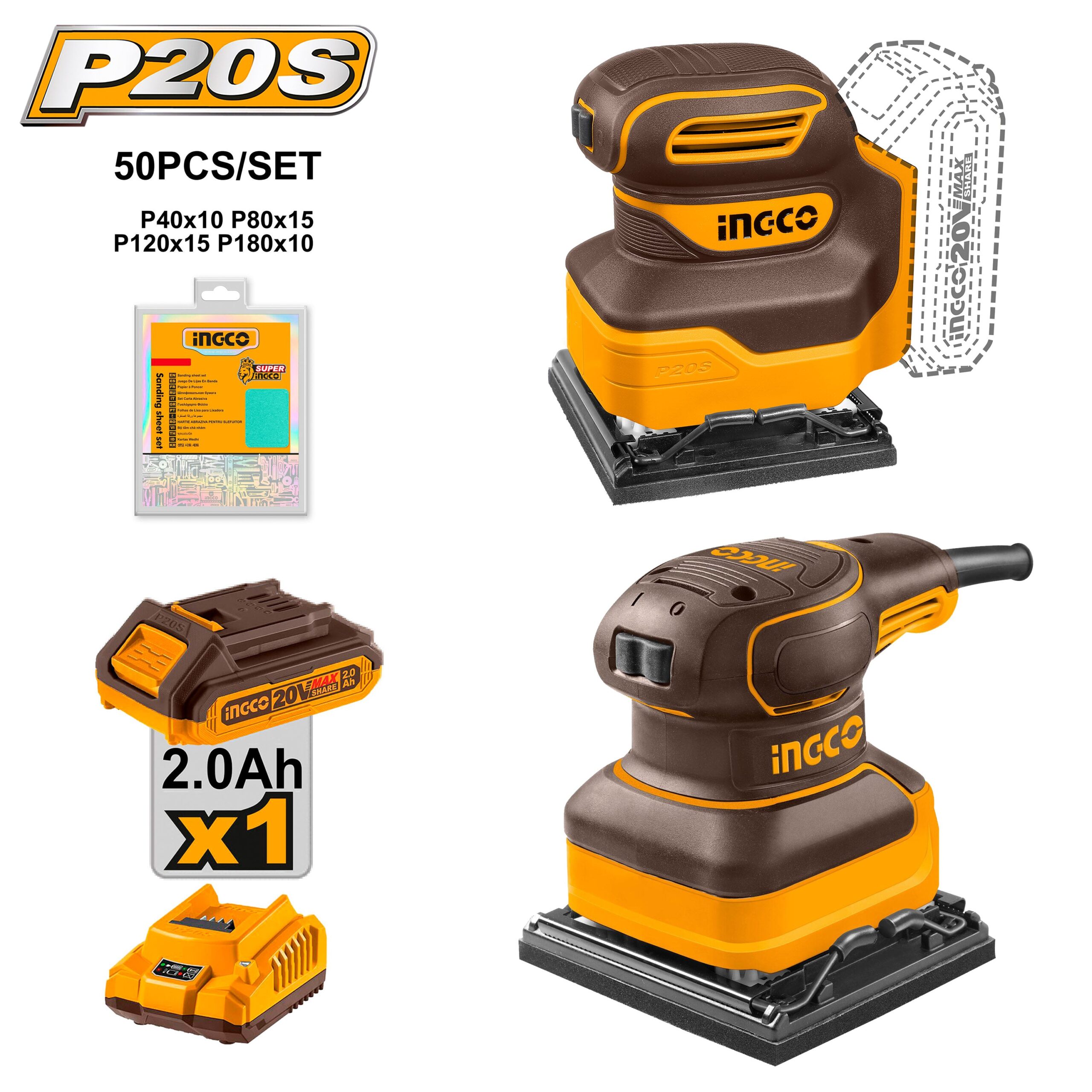 P20S/20V 2PCS/Set Lithium-Ion Cordless & Corded Palm Sander Combo Kit COSLI240582 ING-COR