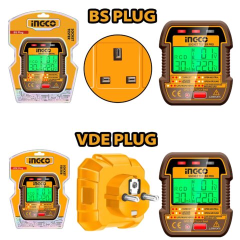 BS/VDE Plug, LCD Display Anti-Electric Shock Socket Tester HESST30011 | HESST30012 ING-MT