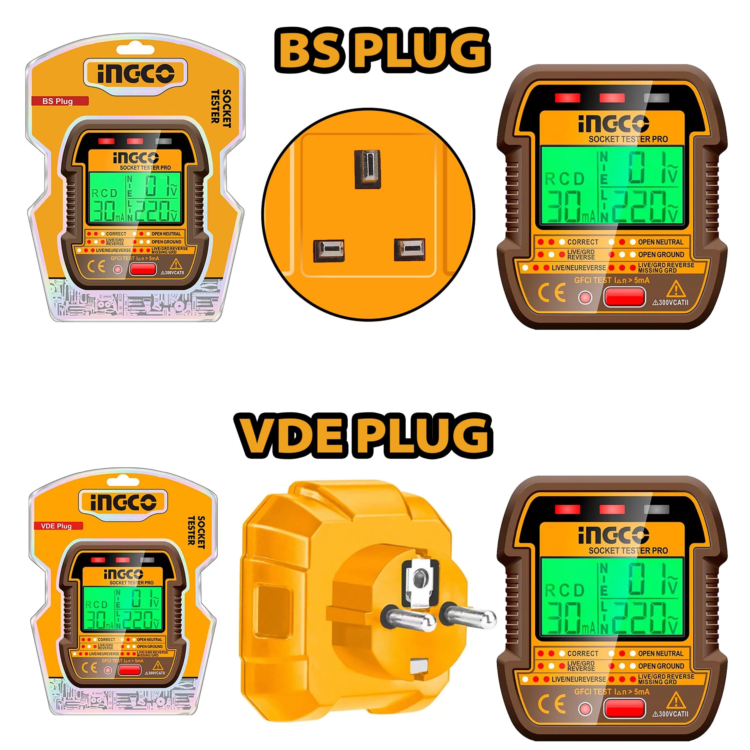 BS/VDE Plug, LCD Display Anti-Electric Shock Socket Tester HESST30011 | HESST30012 ING-MT