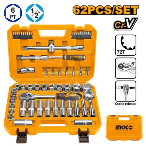 62PCS/Set 1/2inches Socket Set High Quality Cr-V Steel Material HKTS12602 ING-AC