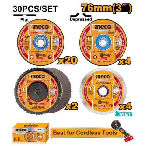 30PCS/Set Cutting/Grinding Disc Set 76mm(3in)x1.2mm(3/64in)x10mm(25/64in) MCD07630 ING-AC