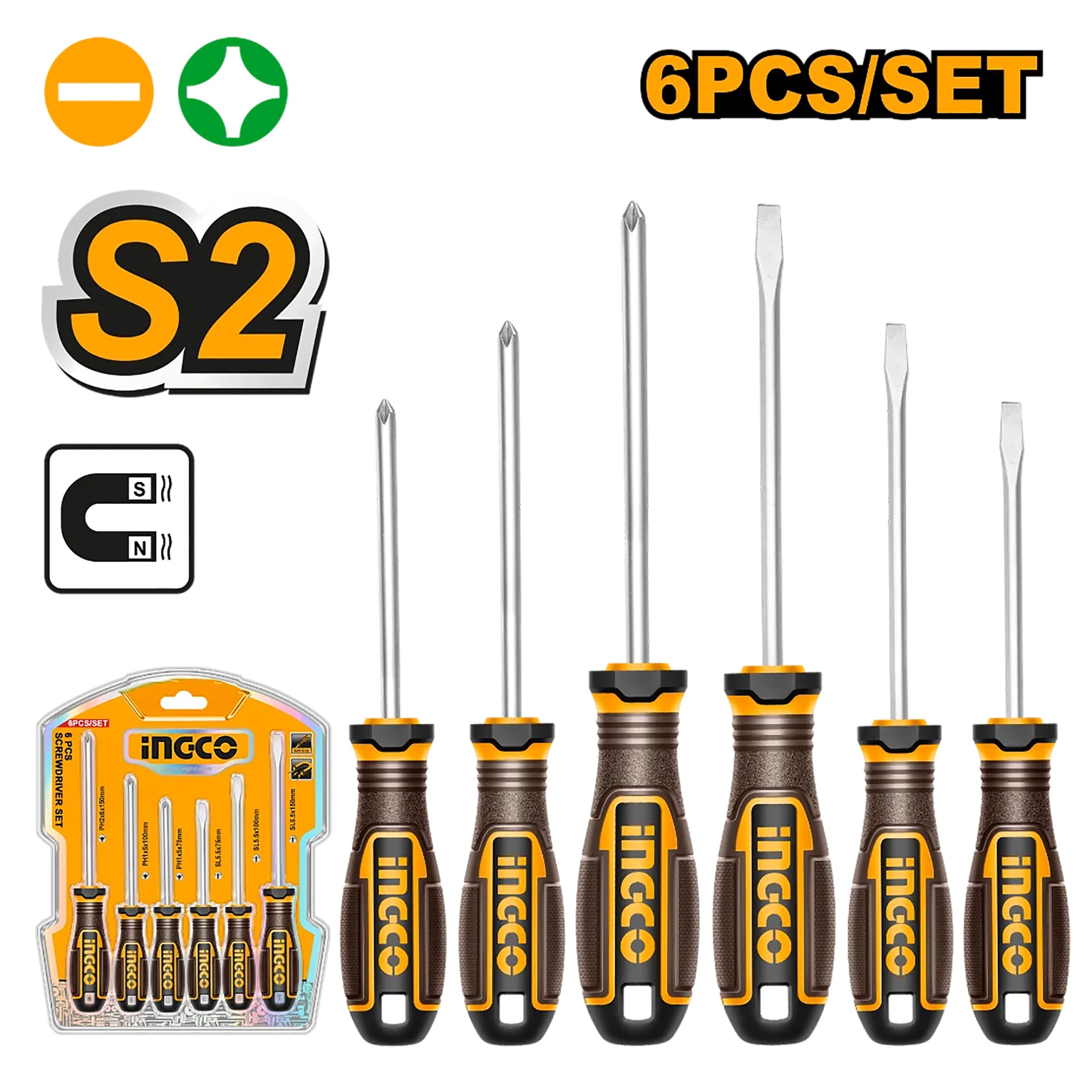 6PCS/Set Screwdriver with Magnetic Tip Industrial Screw Driver Tool S2 HKSDS0628 ING-HT