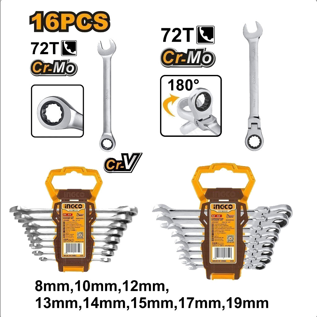 Ingco Set of 16 PCS Ring Ratchet Spanner Set HKSPAR2016 ING-HT - Image 2