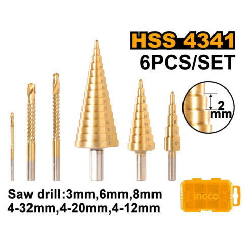 HSS 4341 3pcs Step Drill Bit with 3pcs Saw Drill: 3mm, 6mm, 8mm AKSDS2061 ING-AC