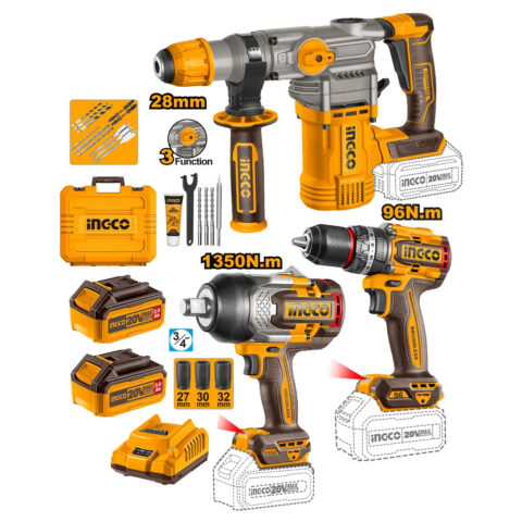 Ingco  P20S/20V Lithium-Ion 3PCS Combo Kit w/ 2PCS 5.0Ah Battery Pack COSLI250281 ING-CT