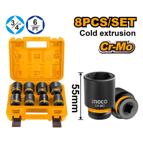 Ingco  Heat Treatment Cr-Mo Material 8PCS Dr. Impact Socket Set 3/4in 55mm HKISSD34081