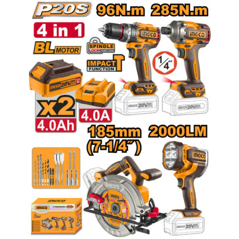 P20S/20V 4PCS Combo Kit with 2 Pcs 4.0Ah Battery Pack COSLI241297 ING-CT