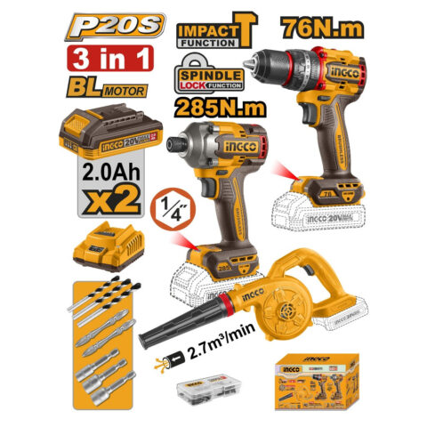 P20S/20V 3PCS Combo Kit w/ Li-Ion Compact Brushless Cordless Impact Drill ING-CT
