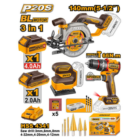 Ingco P20S/20V Lithium-Ion 3PCS Combo Kit with Cordless Circular Saw COSLI241193 ING-CT