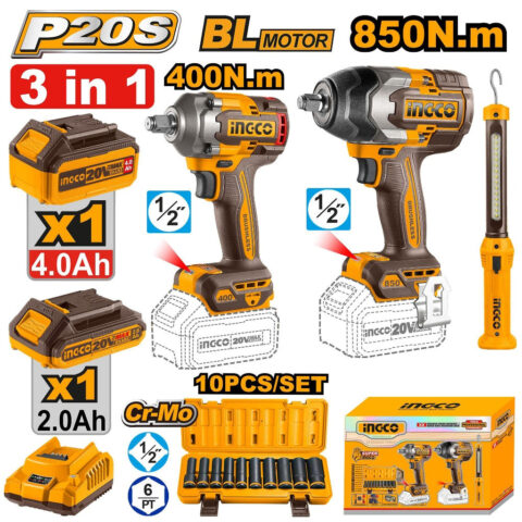 P20S/20V 3PCS Combo Kit w/ Li-Ion Cordless Impact Wrench & Fastening Torque 400Nm