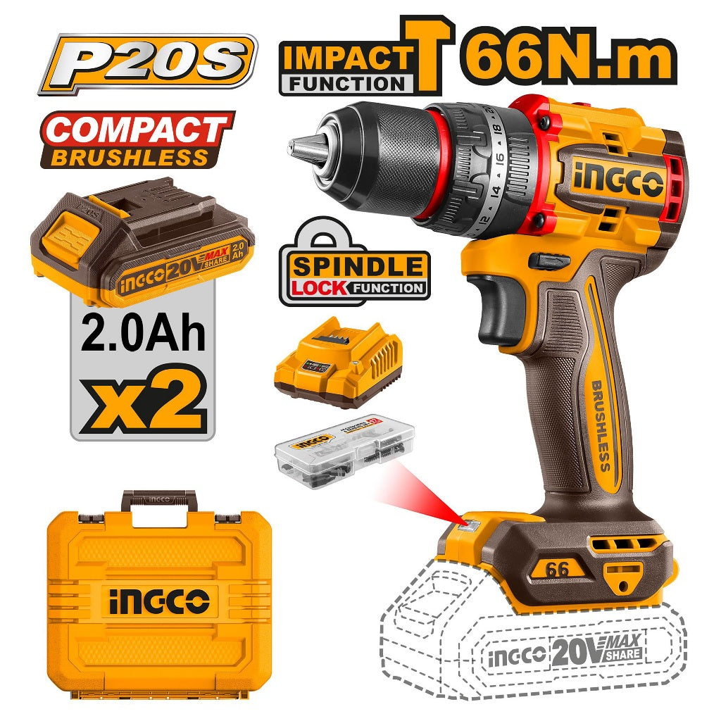 P20S/20V Lithium-Ion Brushless Compact Cordless Drill 66NM CDLI20668/CDLI206681 ING-CT