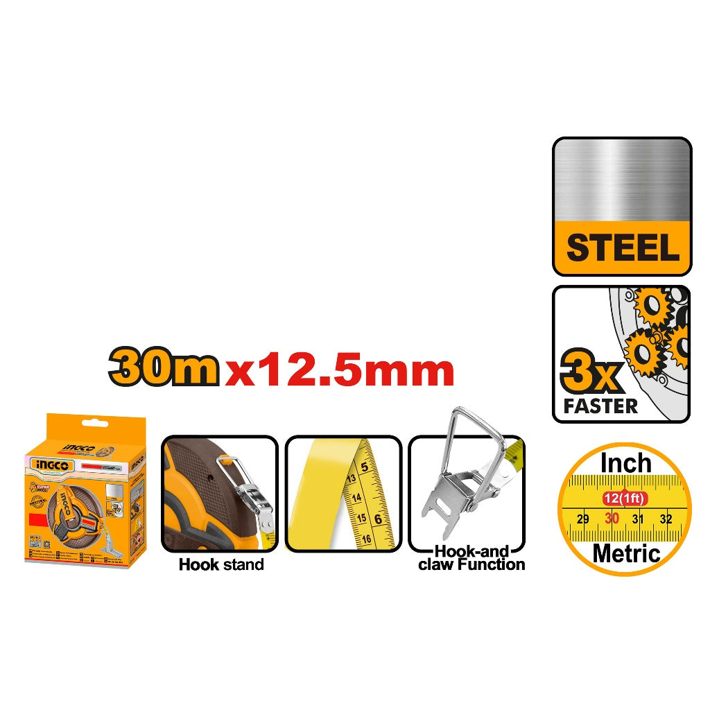 Ingco Fast Rewind Steel Measuring Tape 30M x 12.5mm | 30M/100FT HSMT0830 ING-HT - Image 4